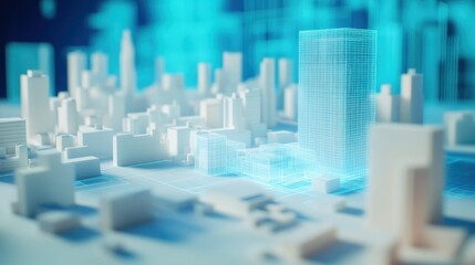 Abstract 3D model of a city with translucent, digital overlay.