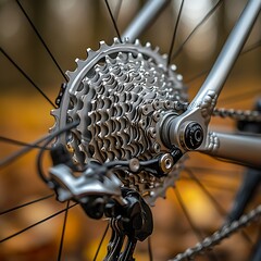 Fototapeta premium Close-up bicycle cassette, autumn woods