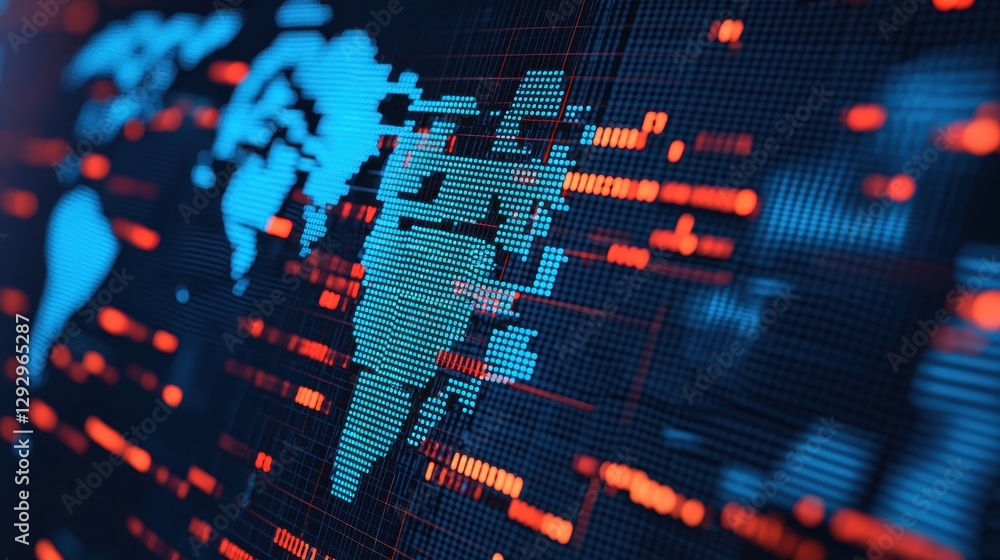 Poster a digital representation of the world map, illuminated in blue and orange tones, emphasizing global 