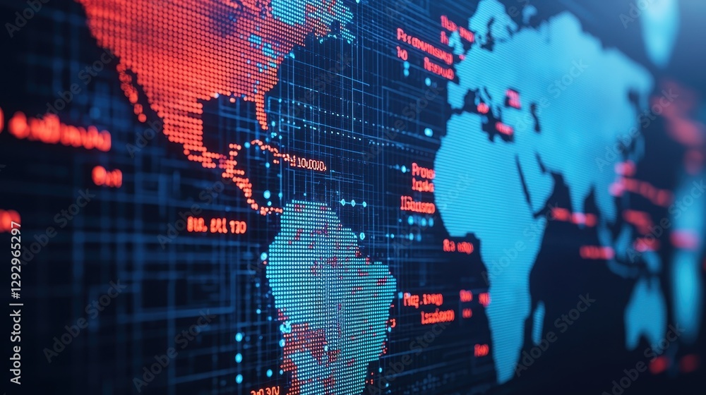 Poster a digital map visualization displaying continents with highlighted regions, emphasizing data trends 