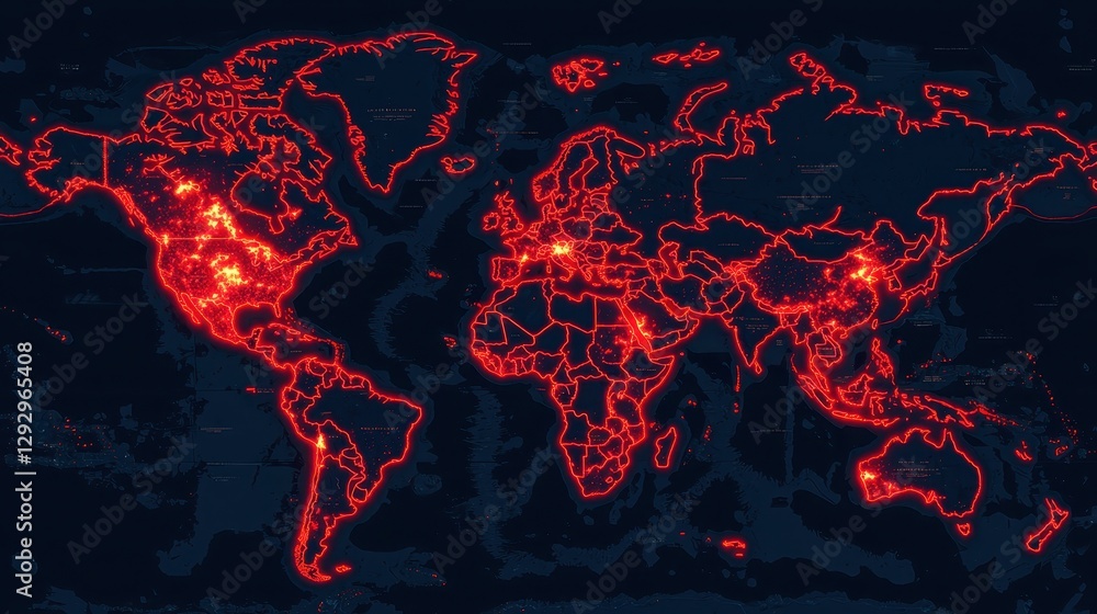 Poster a striking world map illuminated with red lines, depicting global connectivity or activity patterns 