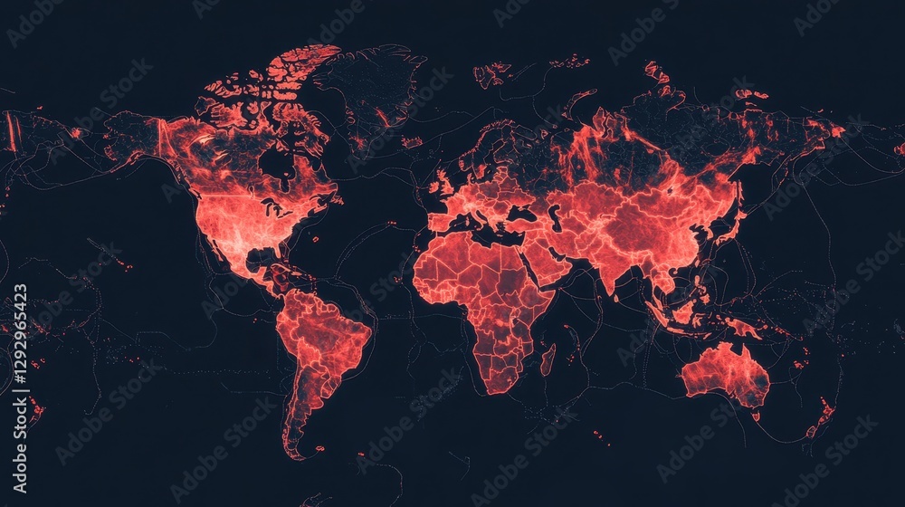 Poster a striking map of the world illuminated in red hues, representing data visualization trends and glob