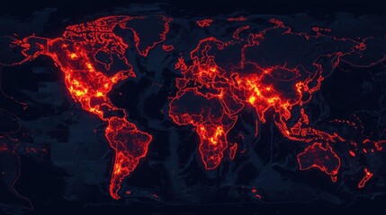 Fototapeta premium A heatmap of the world, showcasing areas of high activity or density in vibrant red against a dark background.