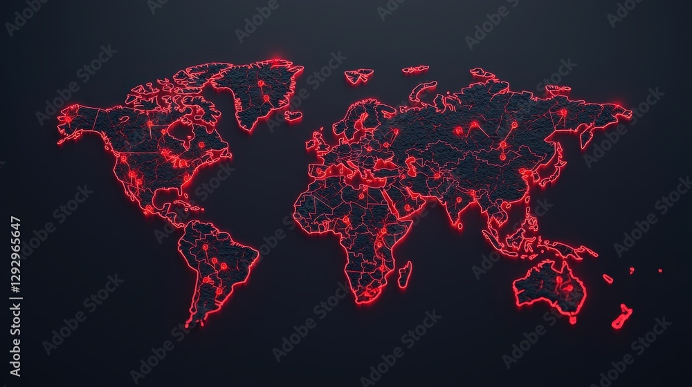 Poster a digital map of the world outlined in red on a dark background, displaying geographical features an