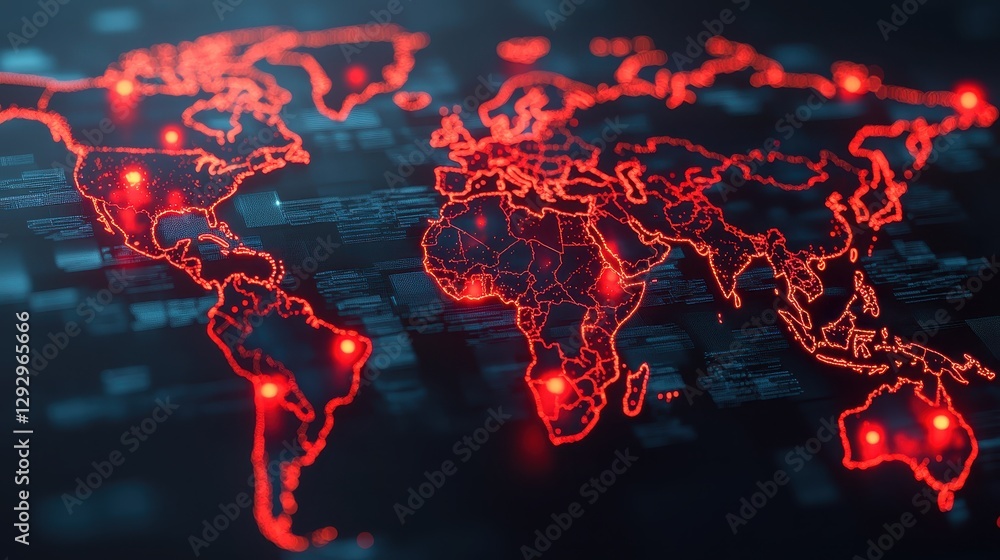 Poster a digital map of the world outlined in red, highlighting global connectivity with glowing points of 