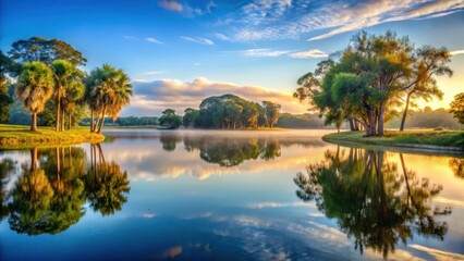 Obraz premium Serene lake water reflections at dawn in Overlook Park Seminole County with surrounding trees and hills