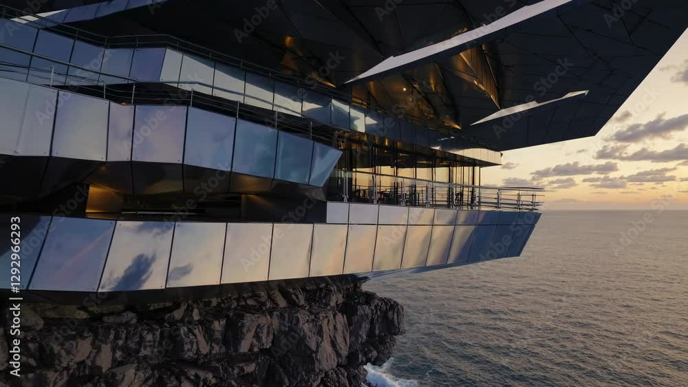 Poster futuristic cliffside building with angular design, captured at sunset from a low-angle, perfect for 