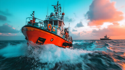 Fototapeta premium Offshore rescue boat at sunset, ocean waves, another vessel in distance; maritime safety