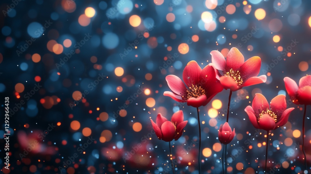 Poster red flowers against a bokeh background with bright lights, ethereal and dreamy atmosphere. nature se
