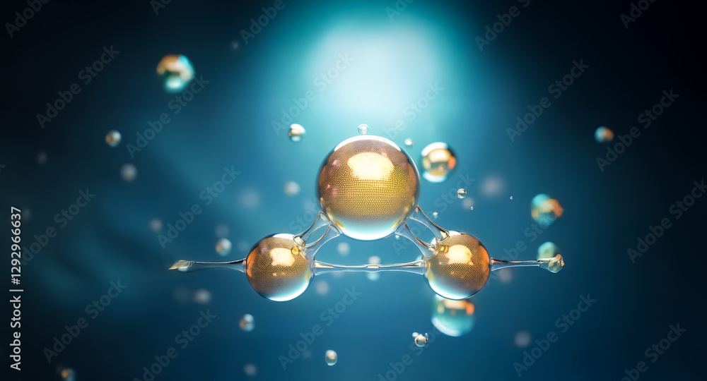 Poster golden spheres connected in a molecular structure with smaller spheres floating around on a dark blu