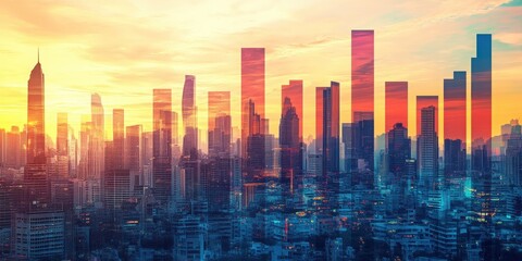 Fototapeta premium Cityscape Horizon: A mesmerizing panorama of a sprawling cityscape at sunrise or sunset, skyscrapers bathed in warm golden light. 