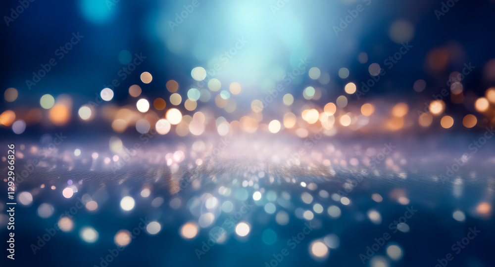 Poster soft bokeh lights in blue and gold create a dreamy, blurred background. the abstract design evokes a