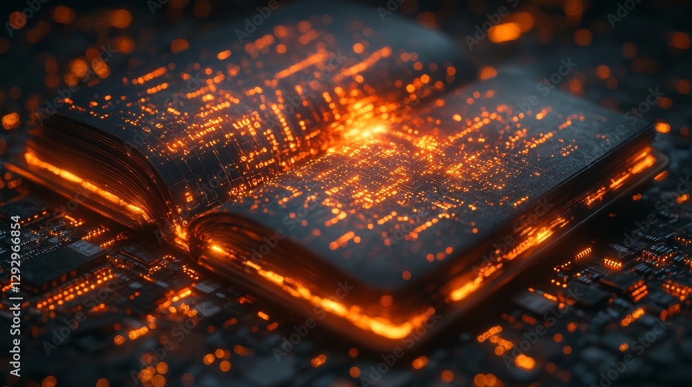 Poster Open book with glowing circuit patterns in dark ambient light, futuristic digital technology concept