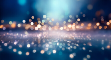Soft bokeh lights in blue and gold create a dreamy, blurred background. The abstract design evokes a festive, elegant, and magical atmosphere with glowing spots of light.