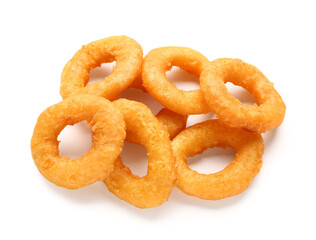 Fried breaded onion rings on white background
