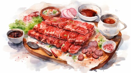Fresh Premium Japanese Beef Slices on Wooden Platter with Sauces