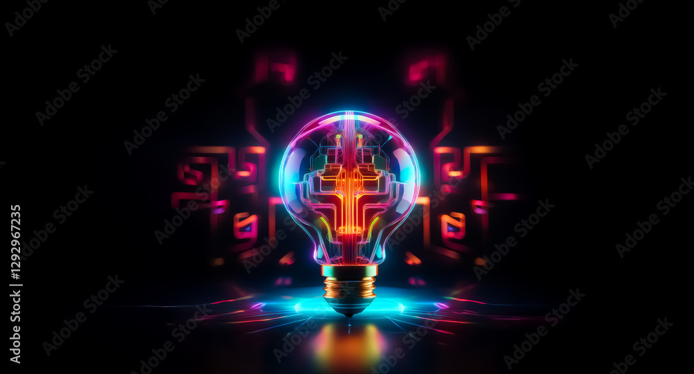 Leinwandbilder glowing lightbulb with vibrant neon colors in a dark space, casting reflections. abstract digital ar