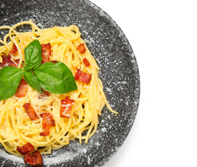 Bowl with tasty pasta carbonara on white background