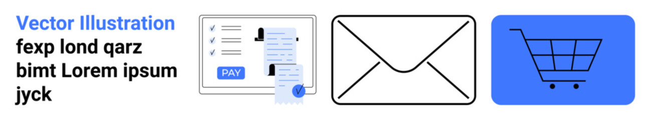 Envelopes, shopping carts, and payment screens emphasize e-commerce, transactions, and communication. Ideal for technology, e-commerce, email, retail business finance modern abstract line flat