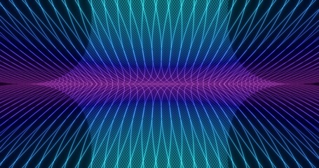 Futuristic glowing neon wireframe background. Shining grid planes in perspective. Bright retro digital horizon. 3D rendering.