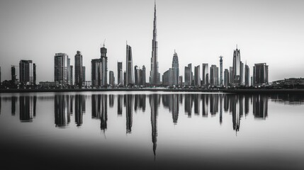 Modern city skyline reflected in calm water at dawn.