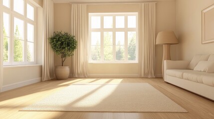 Elegant minimalist living room featuring only a beige rug, bathed in soft natural light