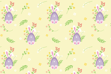 Seamless Easter Pattern with Flowers and Rabbit, Cute, Concept, Transparent, EPS 10, Yellow Background, Vector