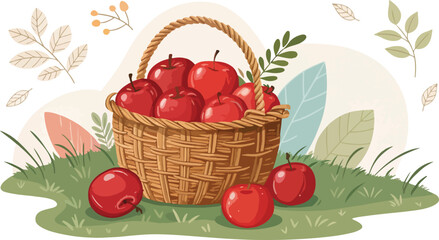 Red Apple Illustration vector design, Red Apples in wicker basket in natural background Illustration design