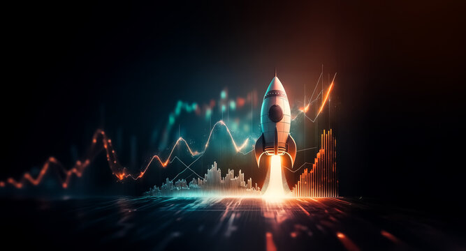 A rocket launches skyward in front of vibrant financial charts, symbolizing market growth and economic progress with dynamic visuals.
