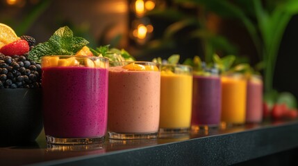 Vibrant Smoothie Array: A row of colorful fruit smoothies and fresh herbs. inviting with a sense of freshness and natural goodness.