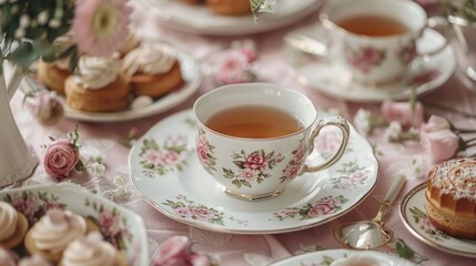 Fototapeta premium Elegant Tea Setting with Floral Teacups and Delicious Pastries