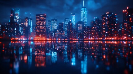 Fototapeta premium City Skyline at Night with Reflected Lights on Water, Featuring a Neon Color Palette