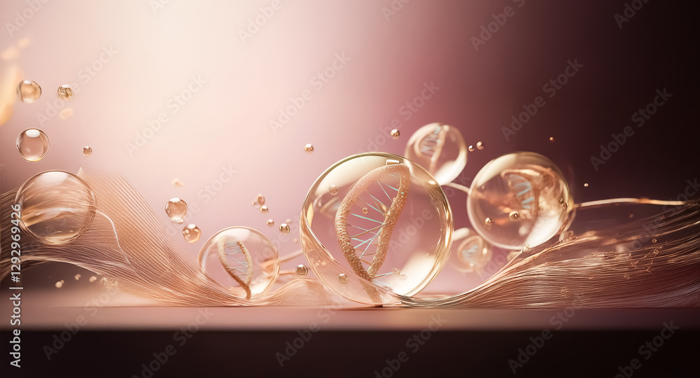 Poster elegant golden bubbles and strands gently float against a soft pink and brown gradient backdrop, cre