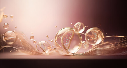 Elegant golden bubbles and strands gently float against a soft pink and brown gradient backdrop, creating an abstract and elegant cosmetic-like composition.