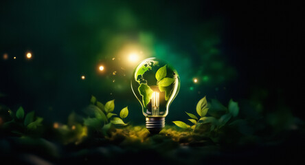 A glowing light bulb with green leaves inside sits on moss, symbolizing nature and illumination.  Soft light surrounds the bulb in a dark, verdant setting, suggesting eco-friendly energy.