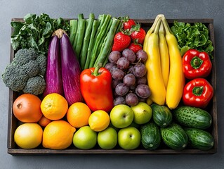 Vibrant fresh vegetables and fruits displayed on a wooden tray indoor setting colorful arrangement aesthetic view