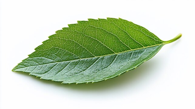Single green leaf isolated on white background, nature photography for website design