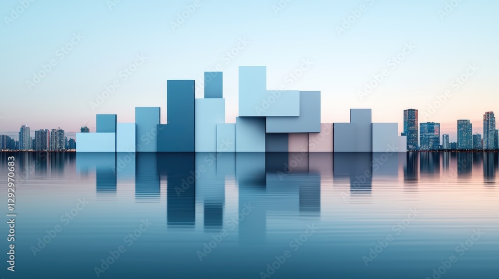 Poster a city skyline composed of both photographs and geometric shapes, creating a futuristic and dynamic 