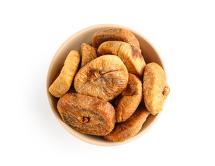 Bowl with sweet dried figs on white background