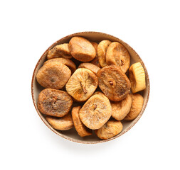 Brown bowl with sweet dried figs on white background