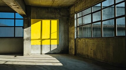 Bright yellow artwork enhances the industrial interior of an abandoned space during daylight