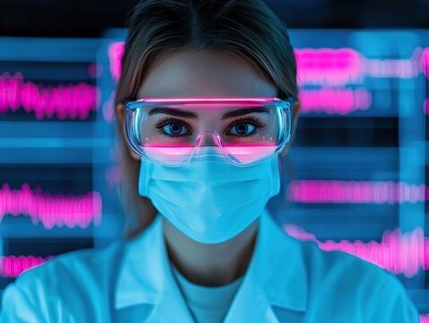 Research scientist analyzing data in a high-tech laboratory neon environment close-up view innovation focus