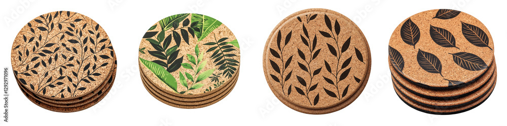 Poster collection of wooden coasters featuring various leaf and nature inspired patterns perfect for adding