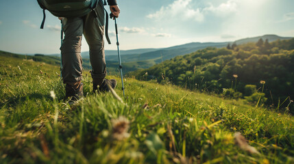 Solo Backpacker standing on green hill, sunny day, Solo travel concept.