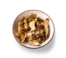 Bowl with tasty dried mushrooms on white background