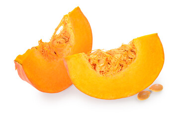 Pieces of fresh pumpkin and seeds on white background