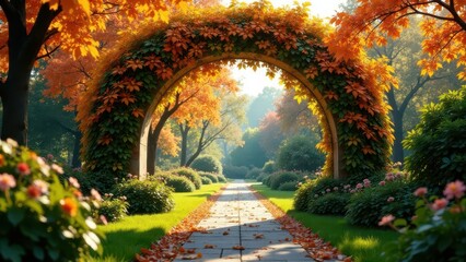 Autumnal Archway Pathway A Scenic Garden Walk Framed by Vibrant Foliage and Stone Arch