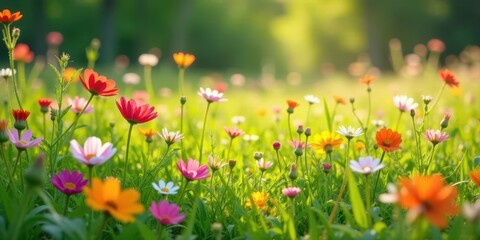 Vibrant wildflowers bathed in the warm glow of sunlight, a picturesque meadow teeming with colorful blossoms, creating a stunning natural scene