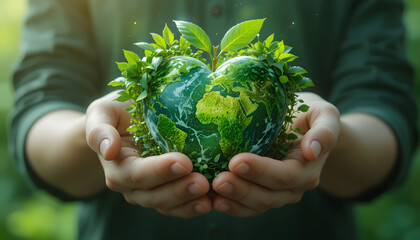 A heart-shaped Earth in human hands, symbolizing love for nature, sustainability, and environmental protection on a clean white background.