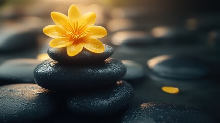 A Tranquil Arrangement of Black Stones and a Bright Yellow Flower, Designed to Evoke Calmness and Serenity in a Zen-Inspired Setting